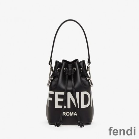 Fendi Mini Mon Tresor Bucket Bag In ROMA Logo Calf Leather Black/White