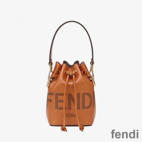 Fendi Mini Mon Tresor Bucket Bag In ROMA Logo Calf Leather Brown