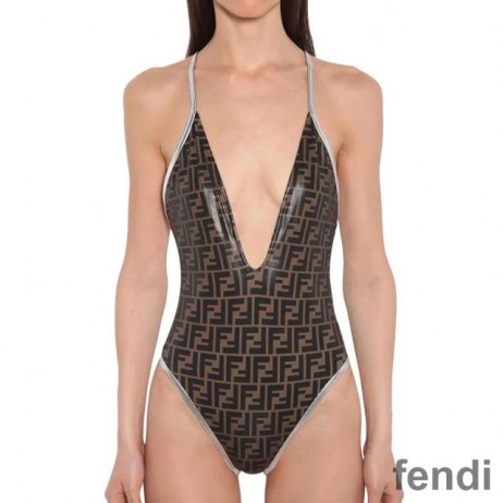 Fendi Crisscross Swimsuit Women FF Motif Lycra Brown/Silver