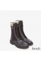 Fendi Rockoko Combat Boots Women Leather with FF Stripes Stretch Fabric Black/White