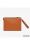 Fendi Flat Pouch In Roma Logo Calf Leather Brown