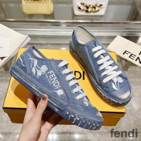 Fendi Domino Sneakers Unisex Floral Motif Denim Blue