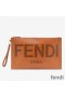 Fendi Large Flat Clutch In Roma Logo Calf Leather Brown
