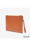 Fendi Large Flat Clutch In Roma Logo Calf Leather Brown