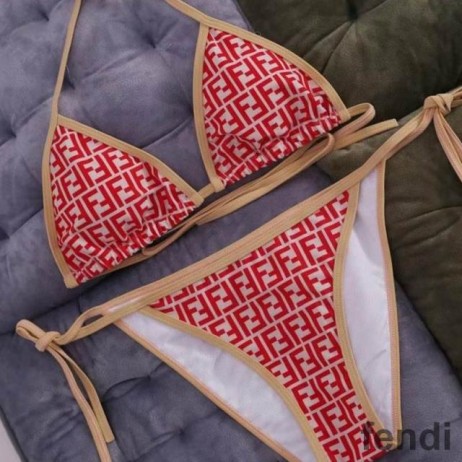 Fendi Triangular Bikini with Ties Women FF Motif Lycra Red/Khaki