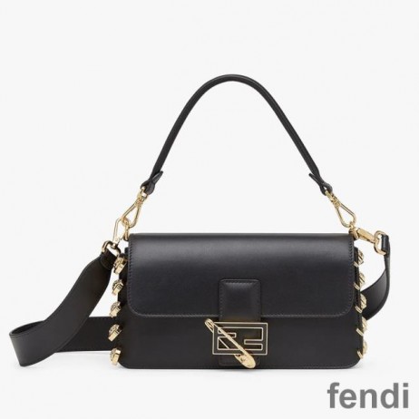 Fendi Baguette Bag In Calf Leather with Fendace Pin Brooches Black