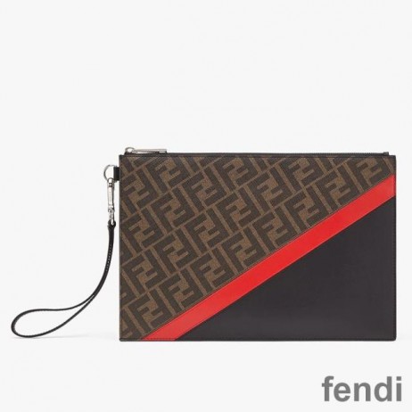 Fendi Medium Flat Clutch In FF Motif Fabric Brown/Red