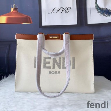Fendi Medium Peekaboo X-Tote In ROMA Logo Canvas White